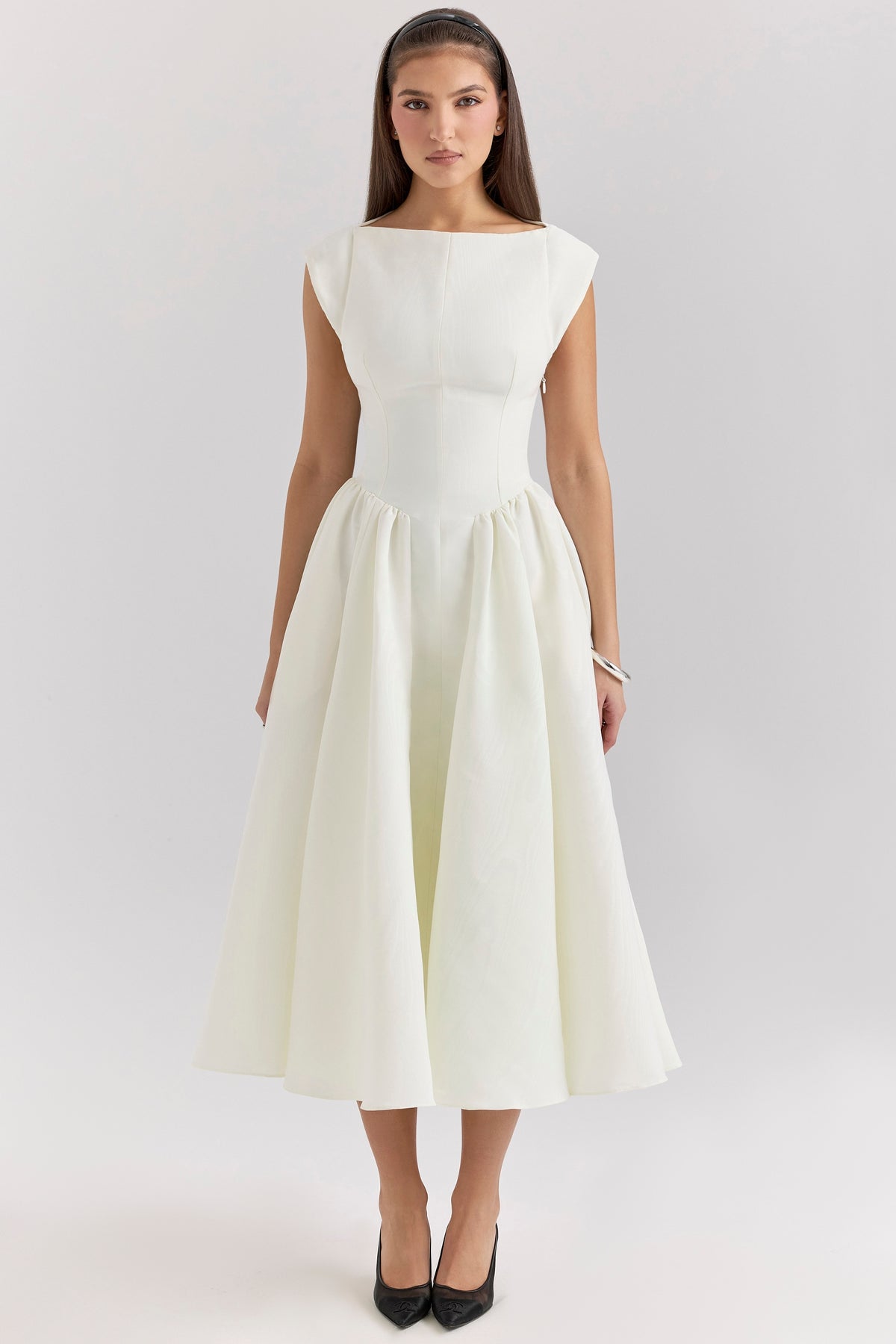 Debutante ivory moire satin midi dress