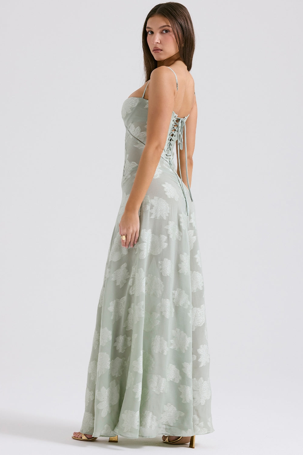 Seren pistachio floral lace back maxi dress Bridesmaid Collection