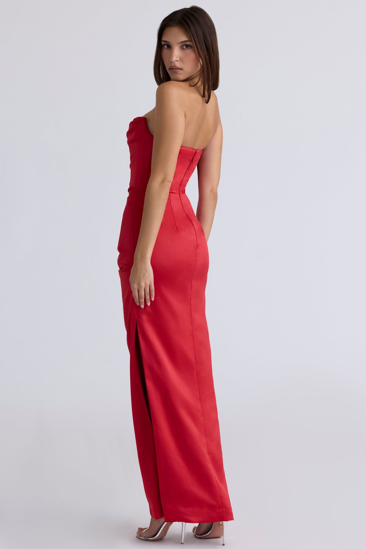 Adrienne scarlet satin strapless gown Bridesmaid Collection