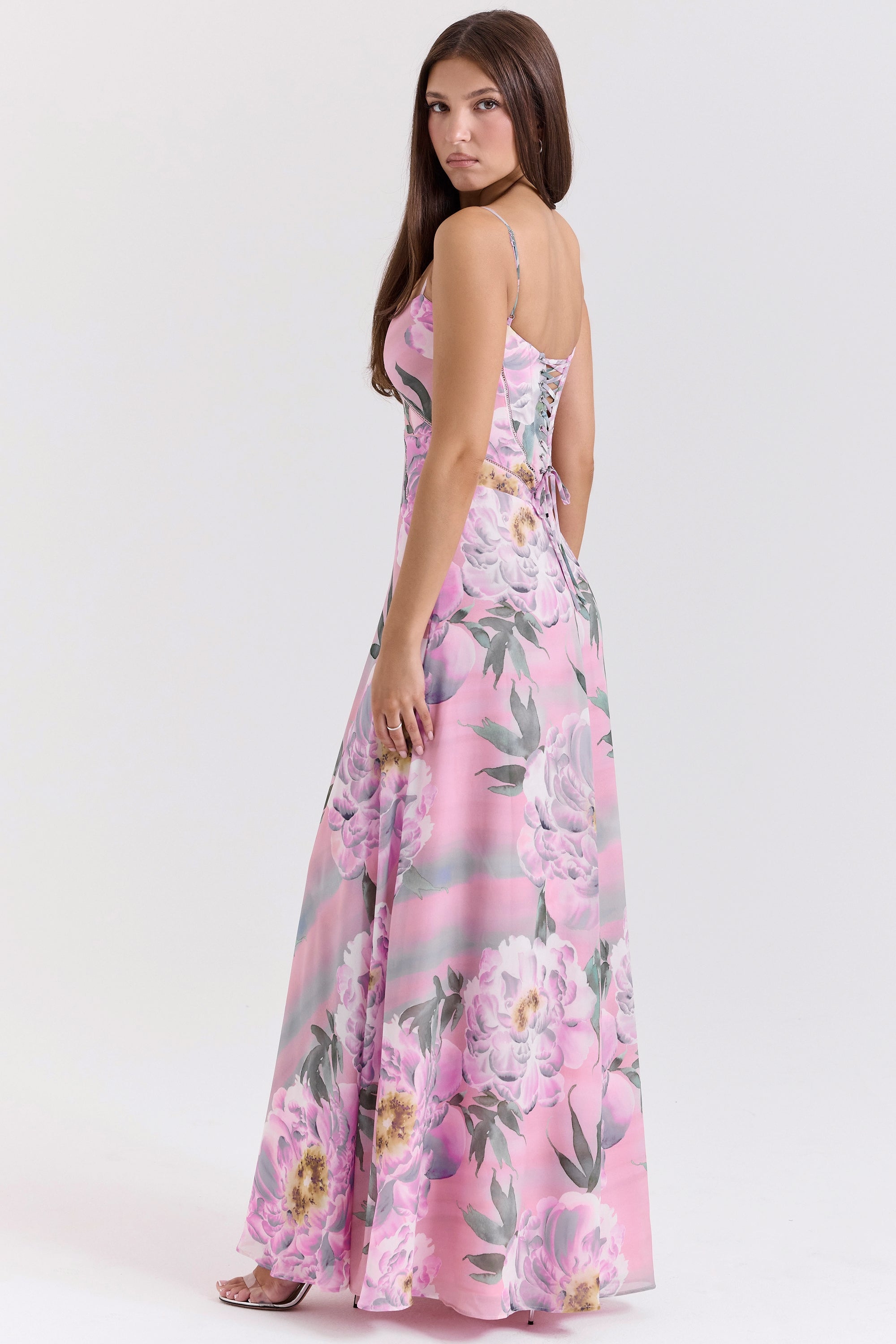 Seren pink floral print lace back maxi dress Bridesmaid Collection