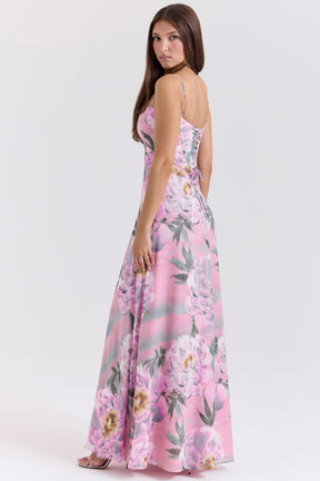 Seren pink floral print lace back maxi dress Bridesmaid Collection
