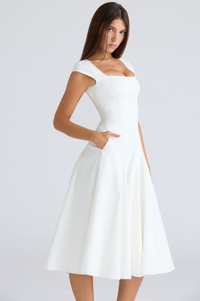 Raisa white square neck twill midi dress