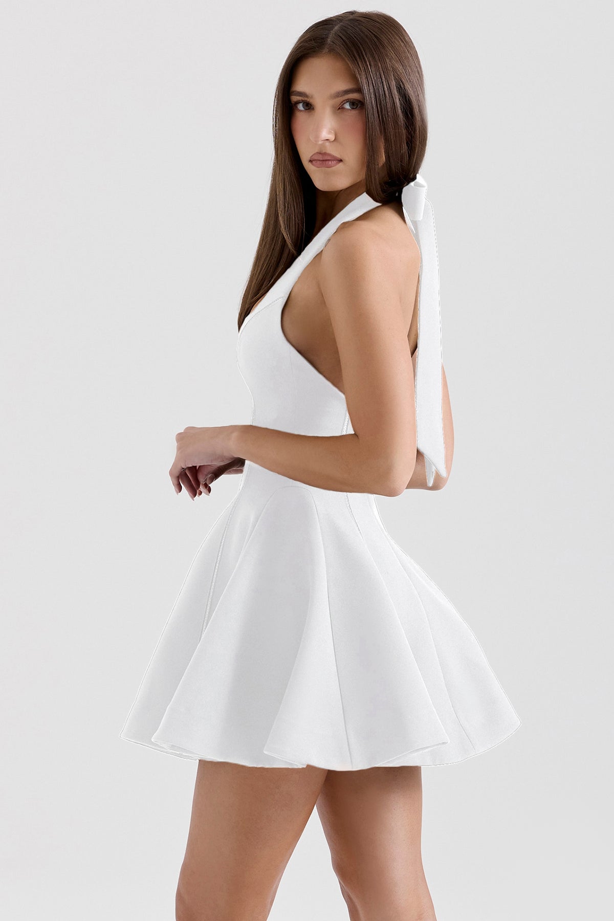 Loulette white halter neck bow mini dress