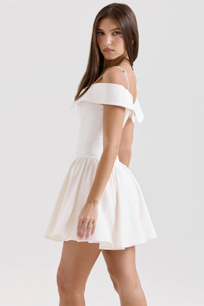 Elida white twill off shoulder mini dress
