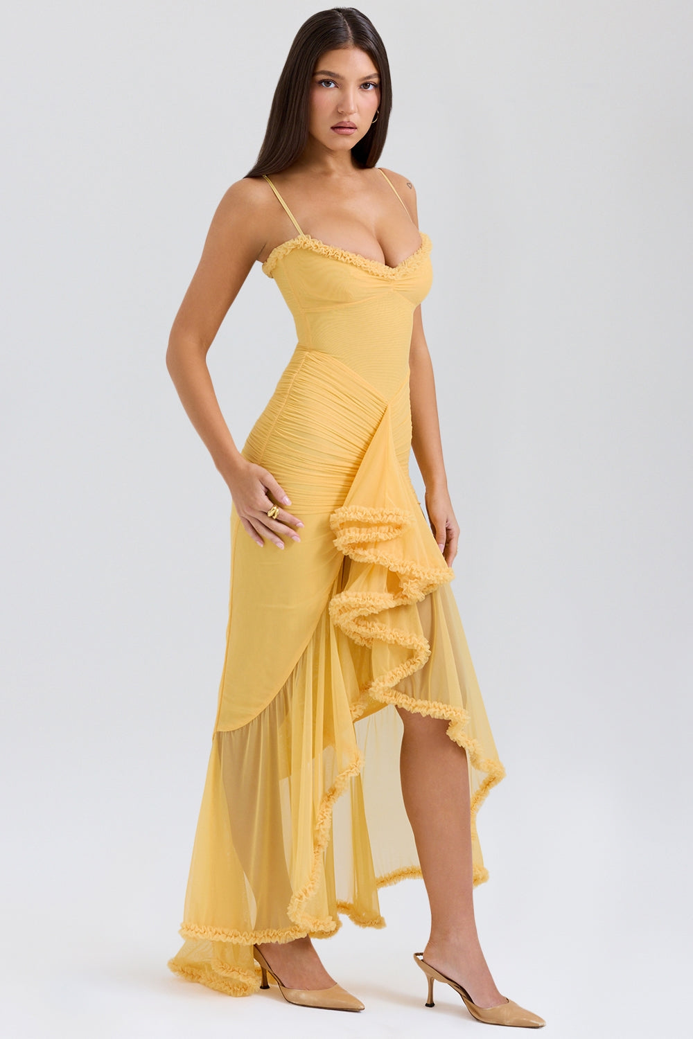 Gabbi apricot ruffled front gown Bridesmaid Collection