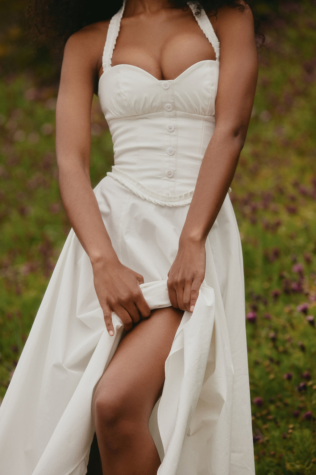 Georgie white stretch cotton halter neck midi dress