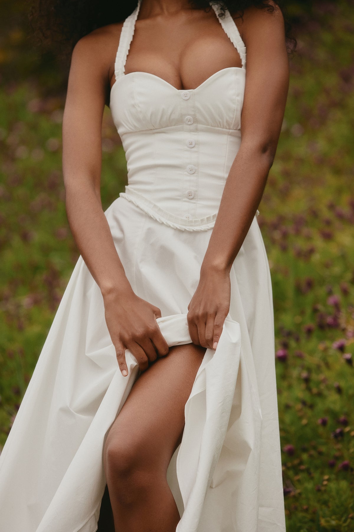 Georgie white stretch cotton halter neck midi dress