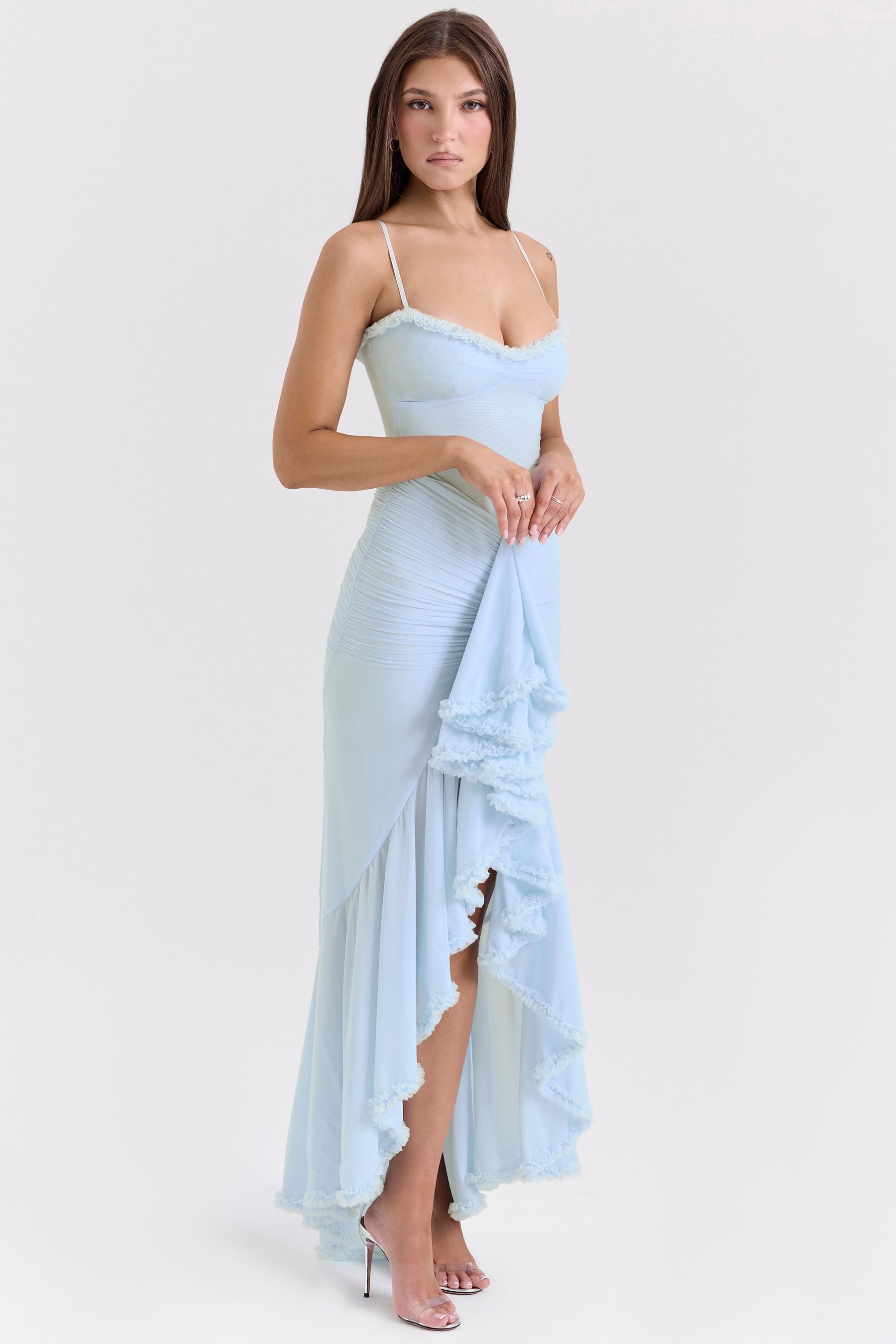 Gabbi ice blue mesh ruffled front gown Bridesmaid Collection