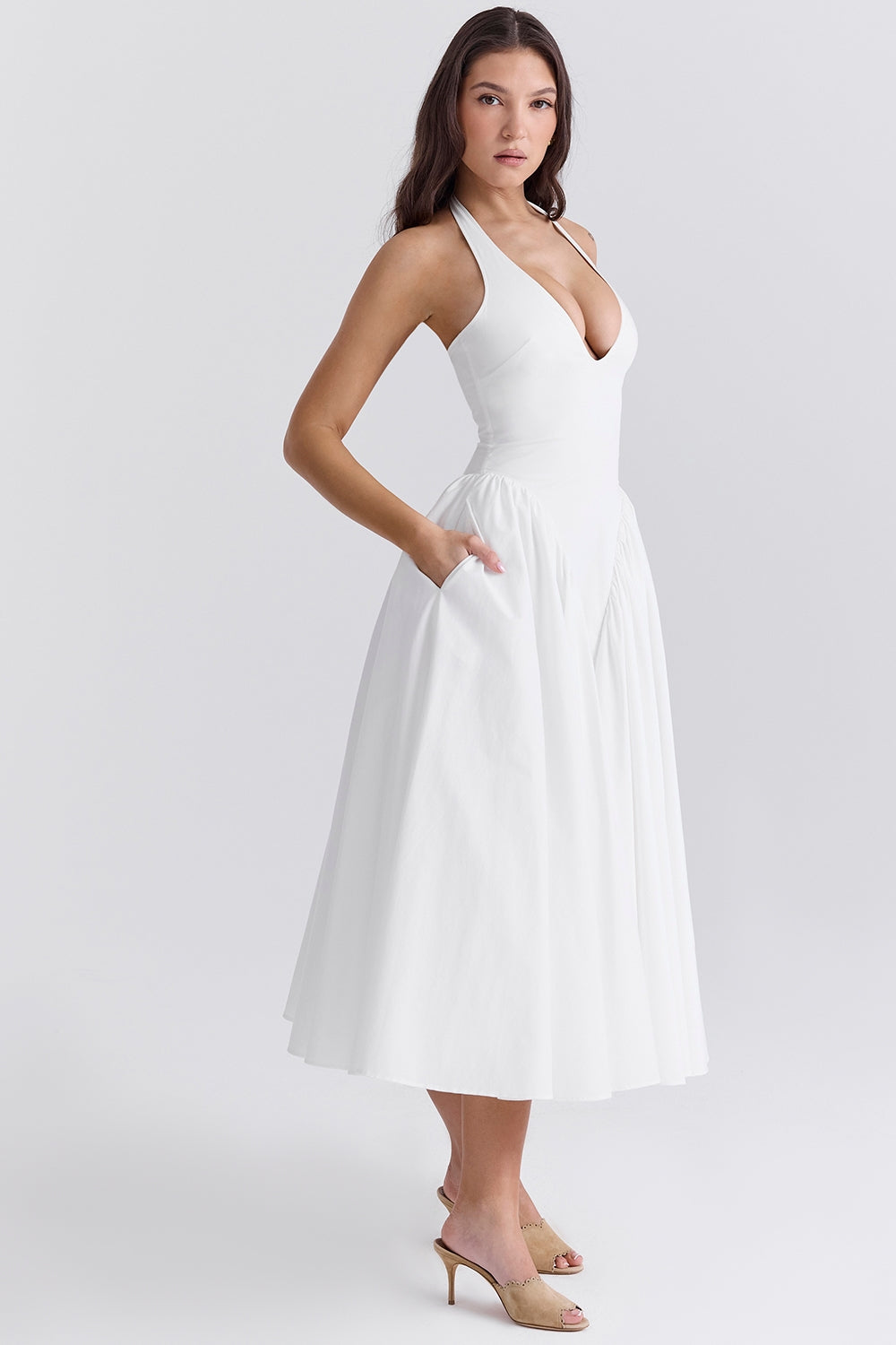 Marilyn white cotton halter midi sundress