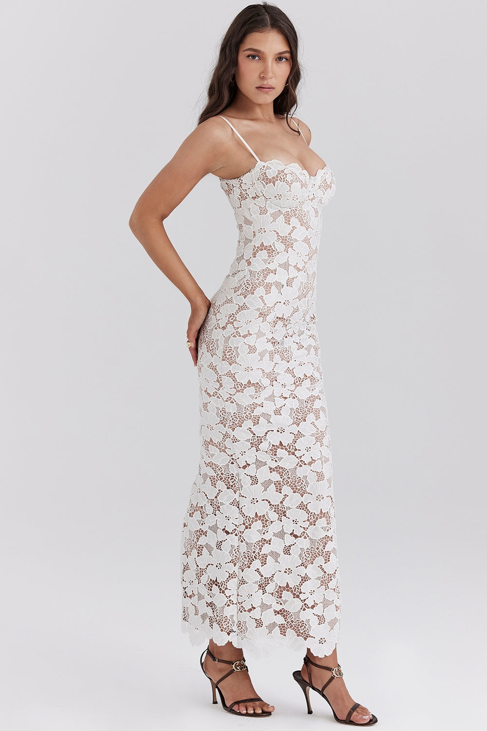 Pearl white floral embroidered maxi dress