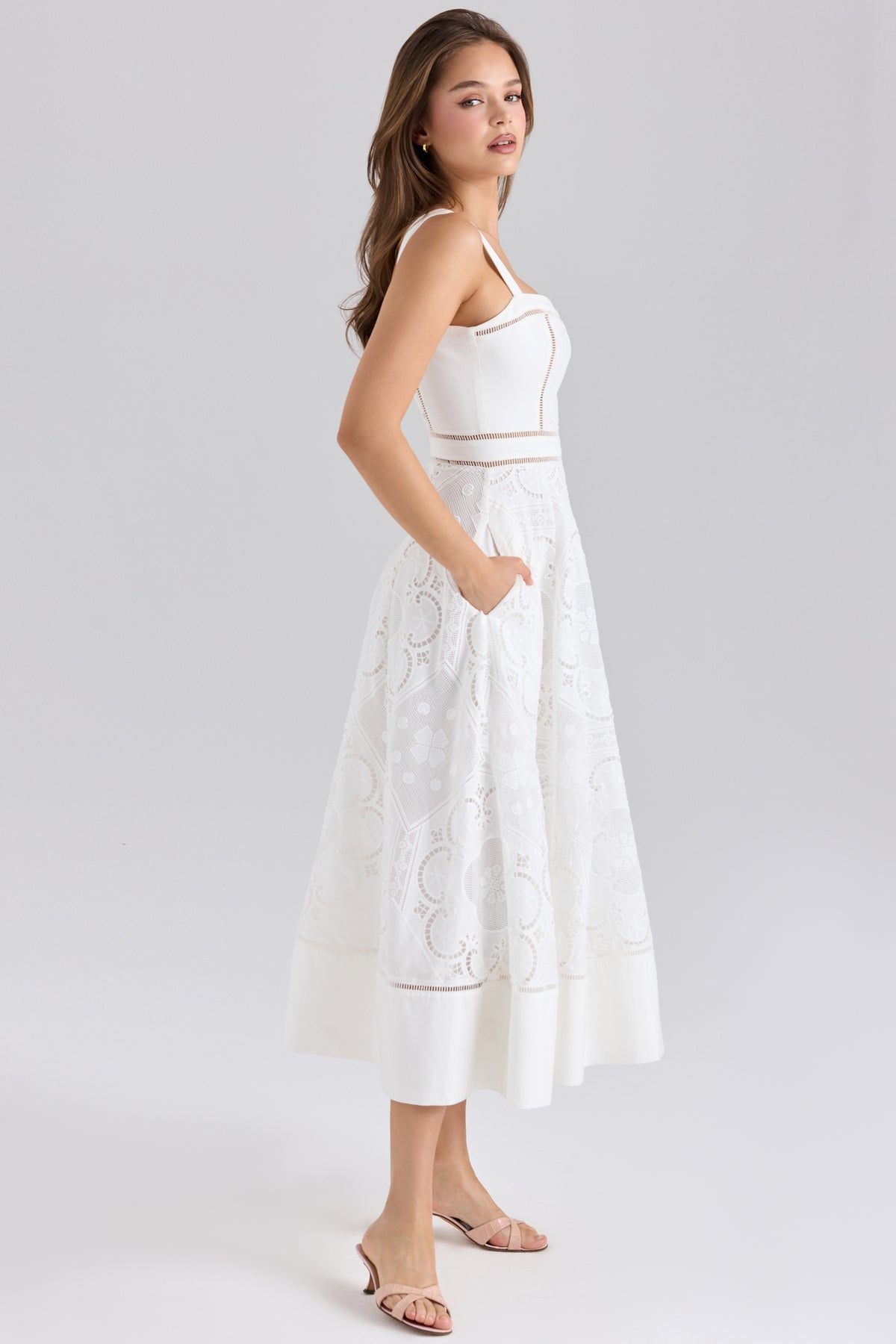 Ava white stretch cotton broderie anglaise midi dress