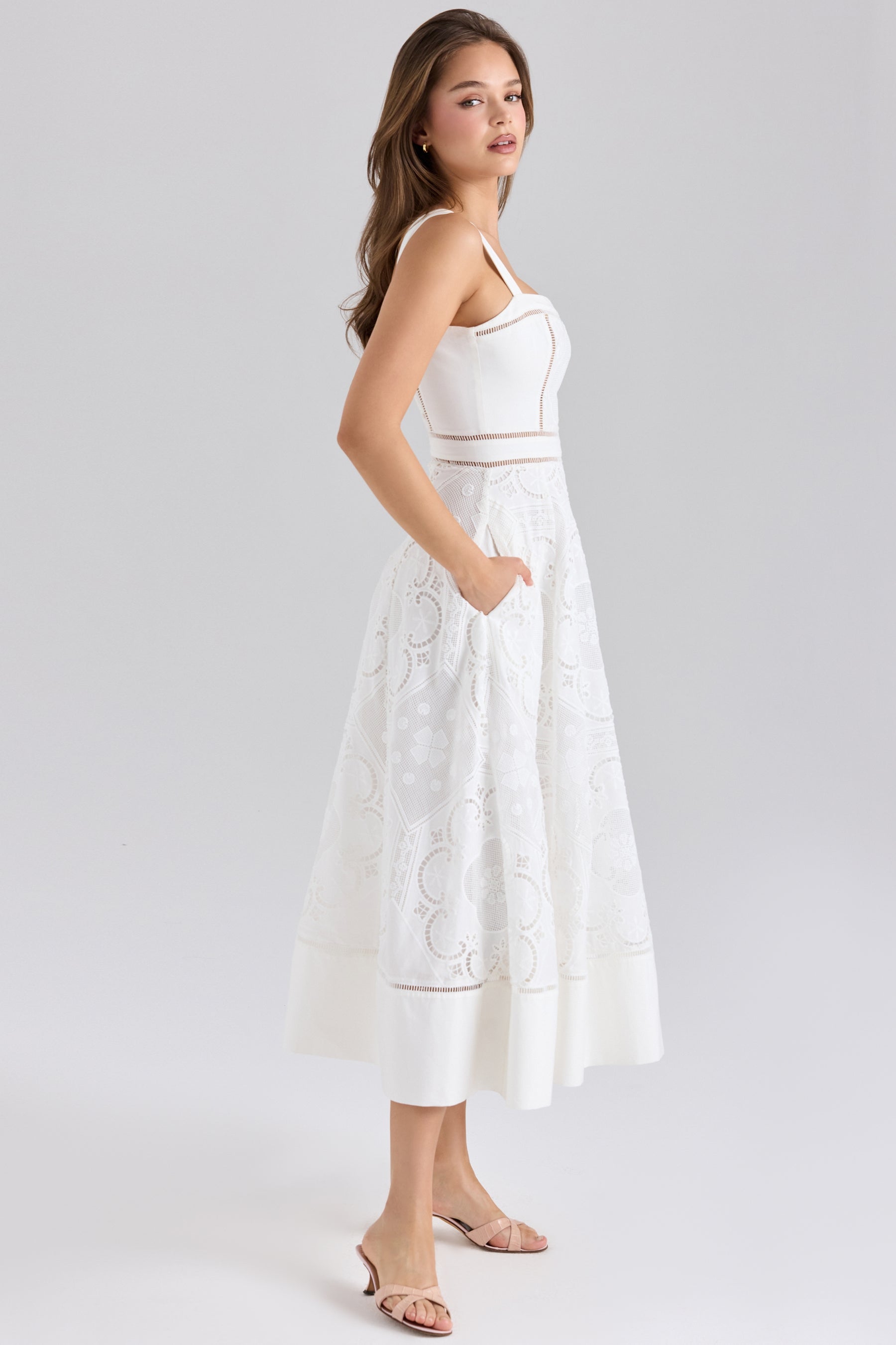 Ava white stretch cotton broderie anglaise midi dress