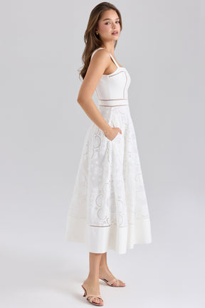 Ava white stretch cotton broderie anglaise midi dress
