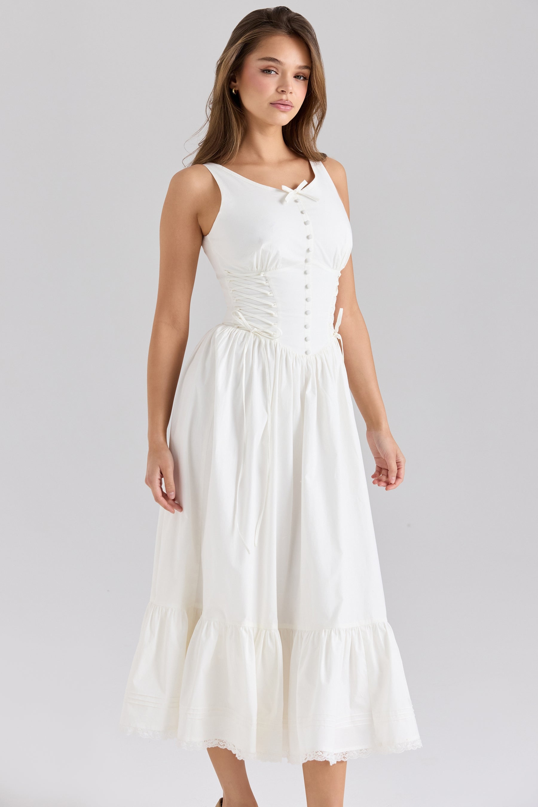 Sienna white stretch cotton lace up midi dress