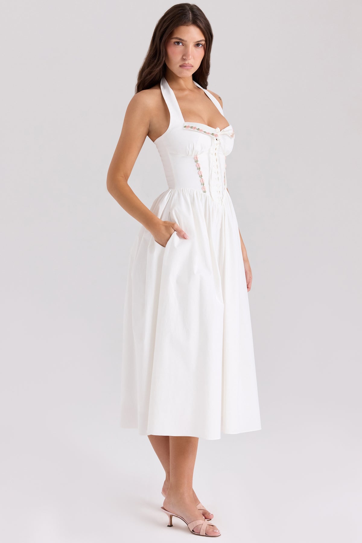 Emilia white cotton halter neck midi dress