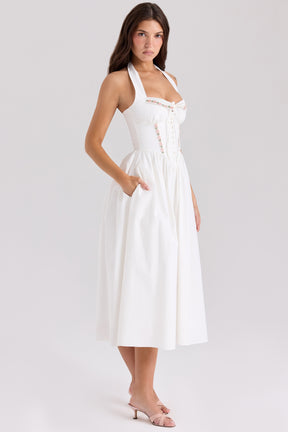 Emilia white cotton halter neck midi dress