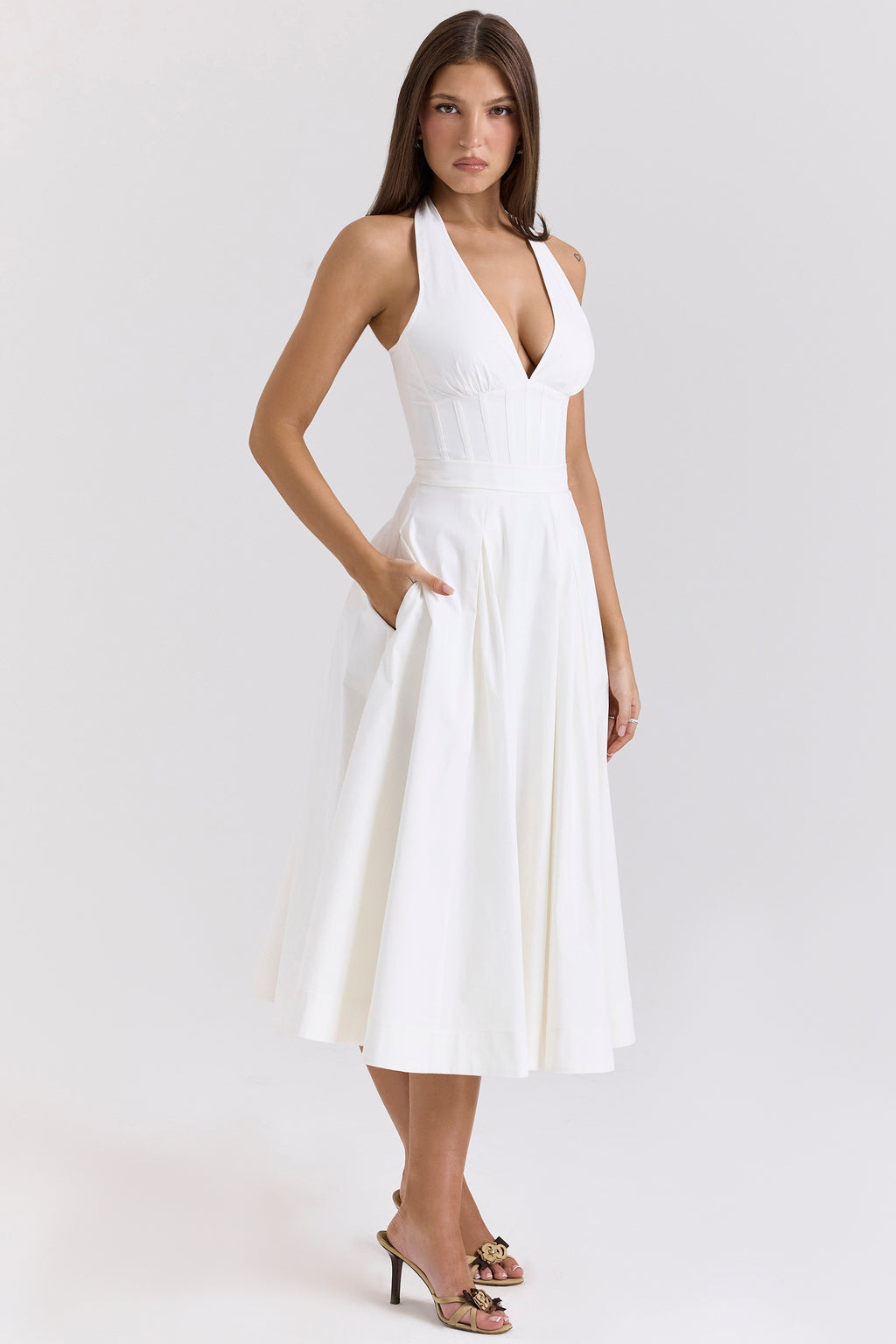 Allena white stretch cotton halter midi sundress