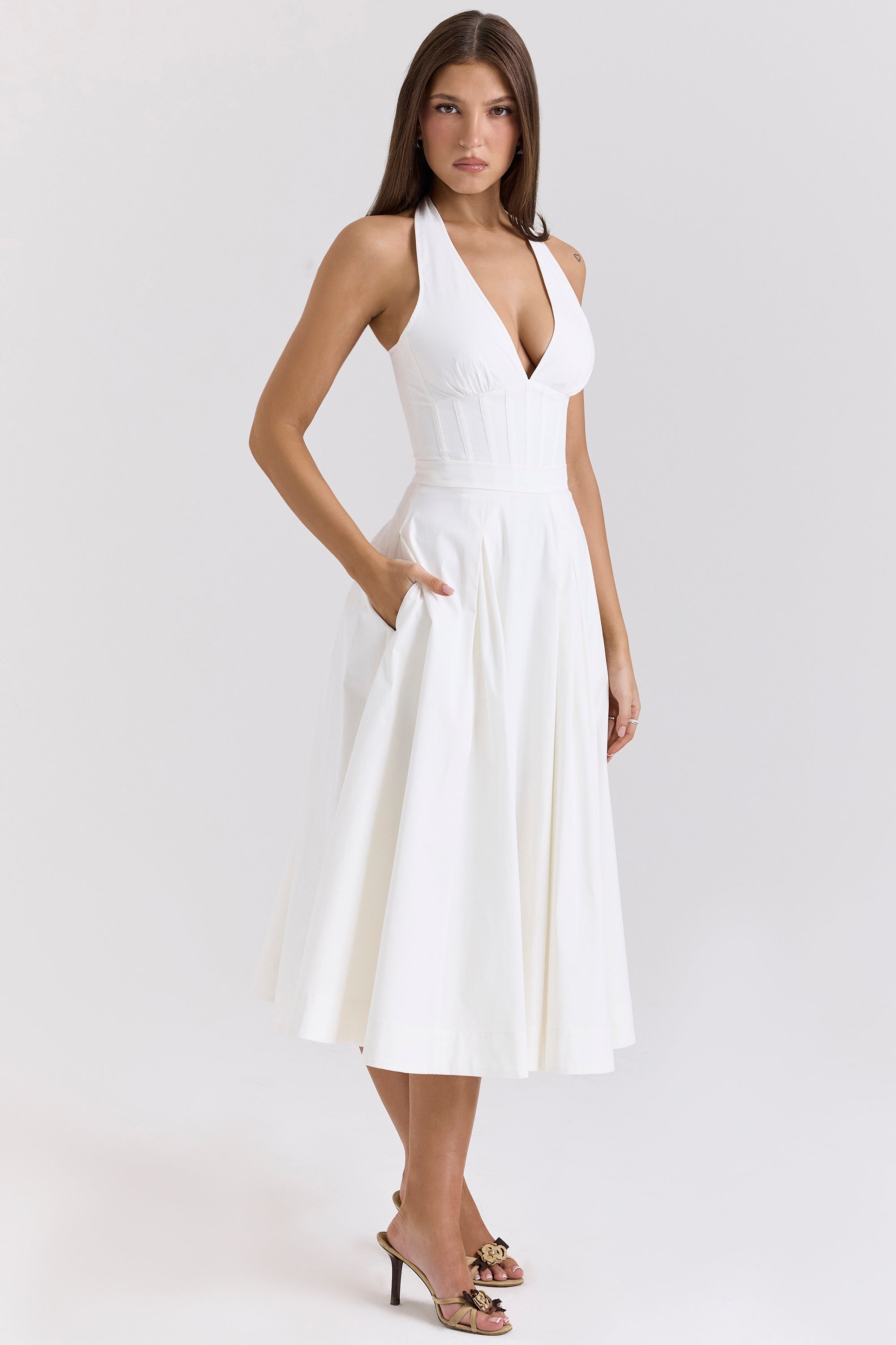 Allena white stretch cotton halter midi sundress
