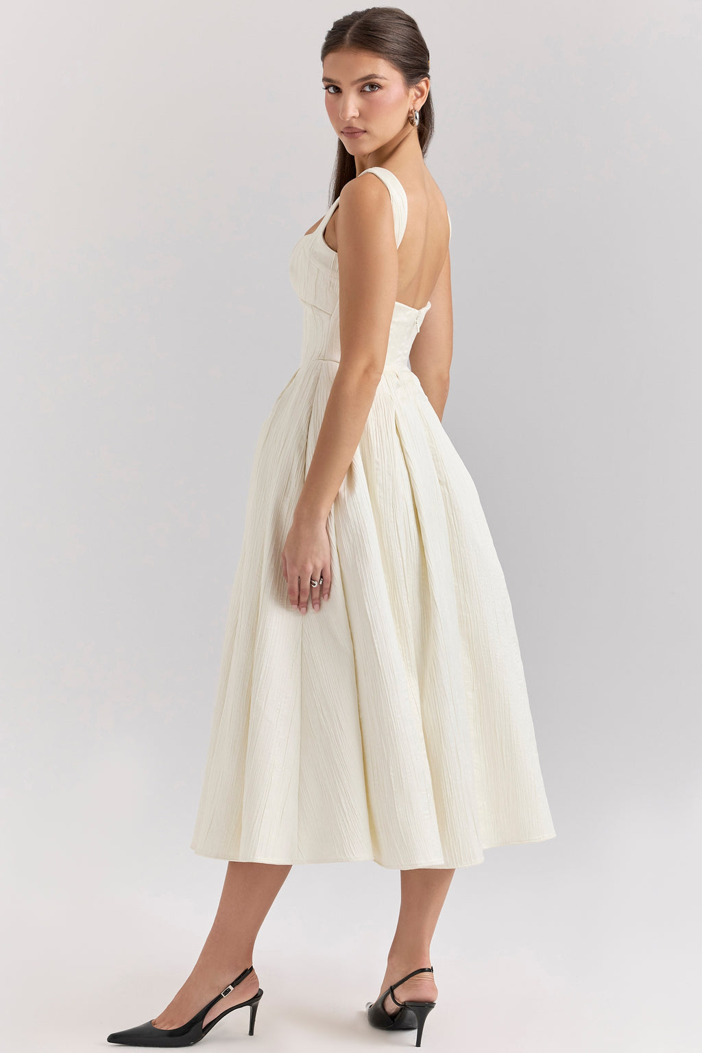 Isabeau ivory textured satin corset midi dress