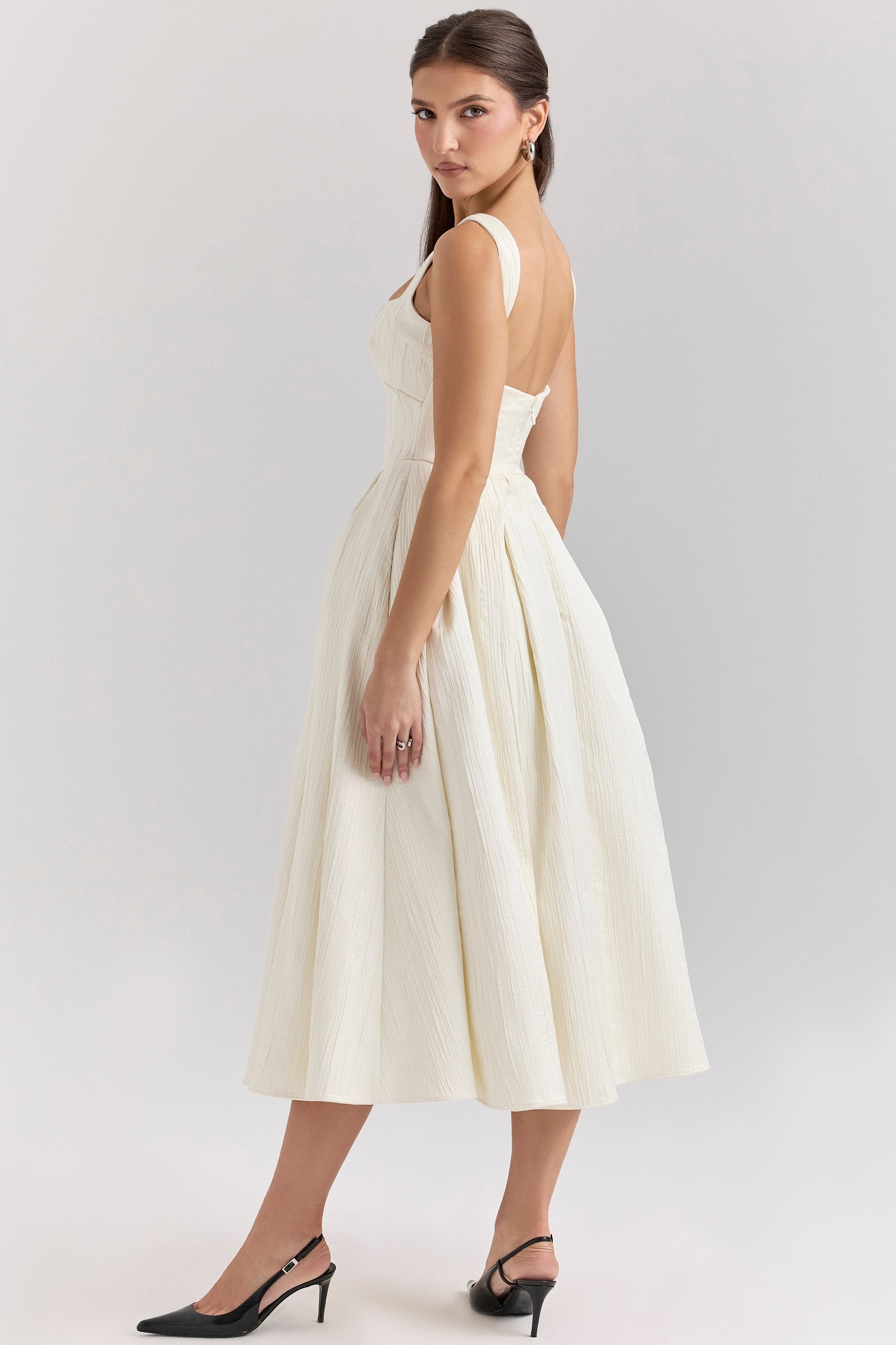 Isabeau ivory textured satin corset midi dress