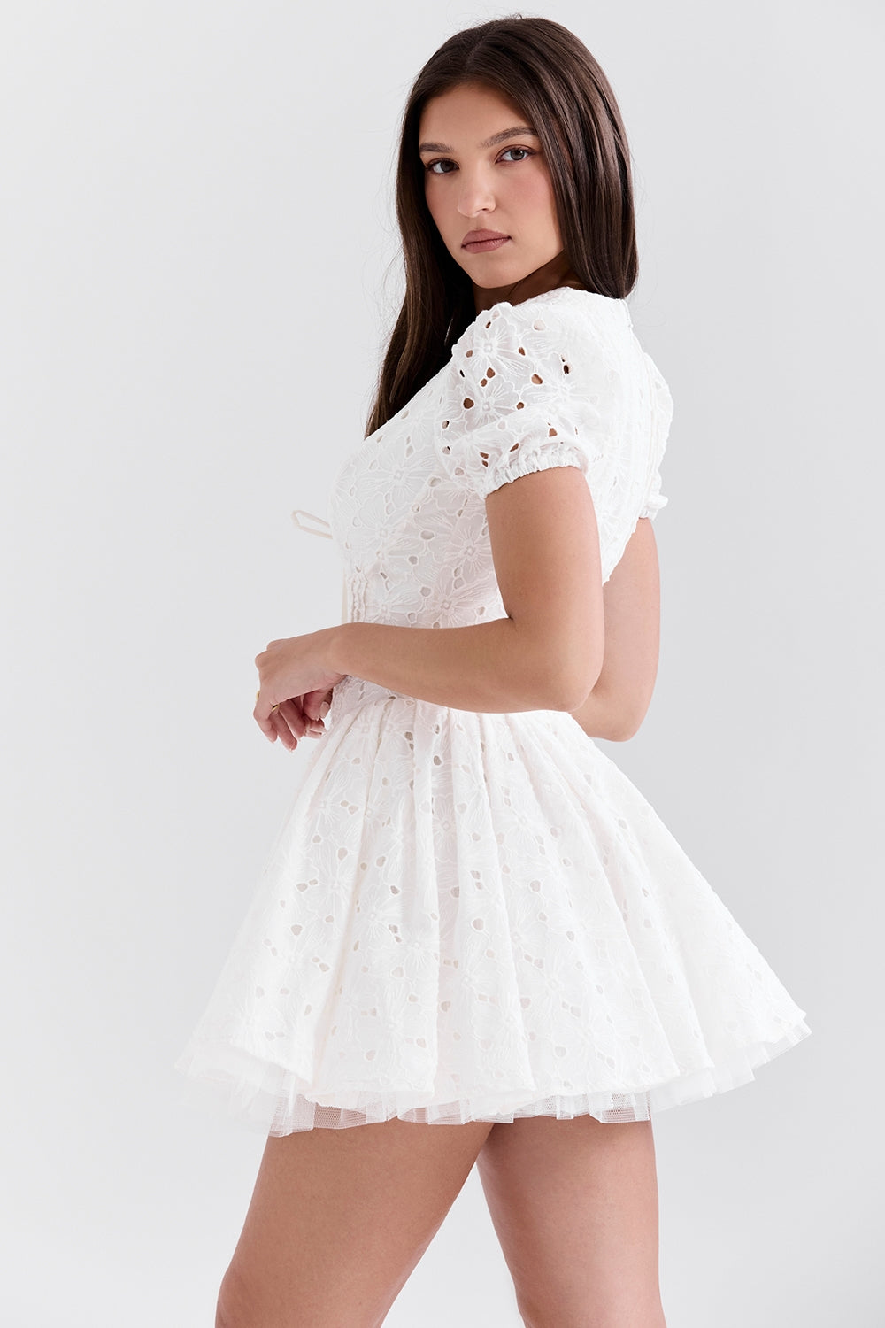 Imani white pleated broderie anglais mini dress