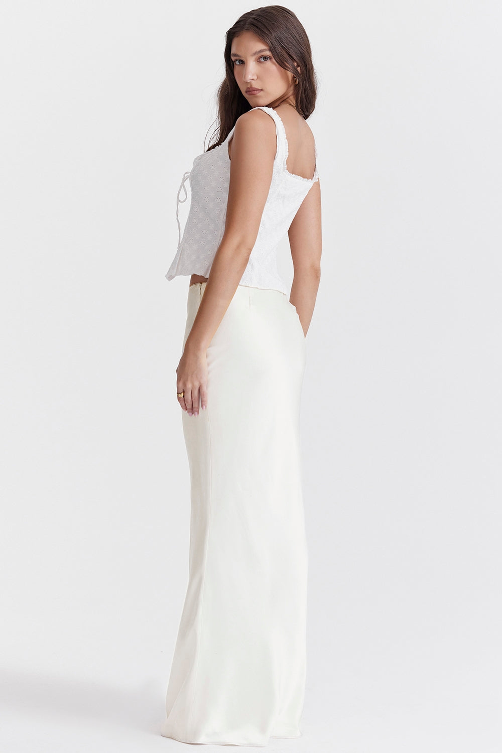 Sydel white satin bias cut maxi skirt