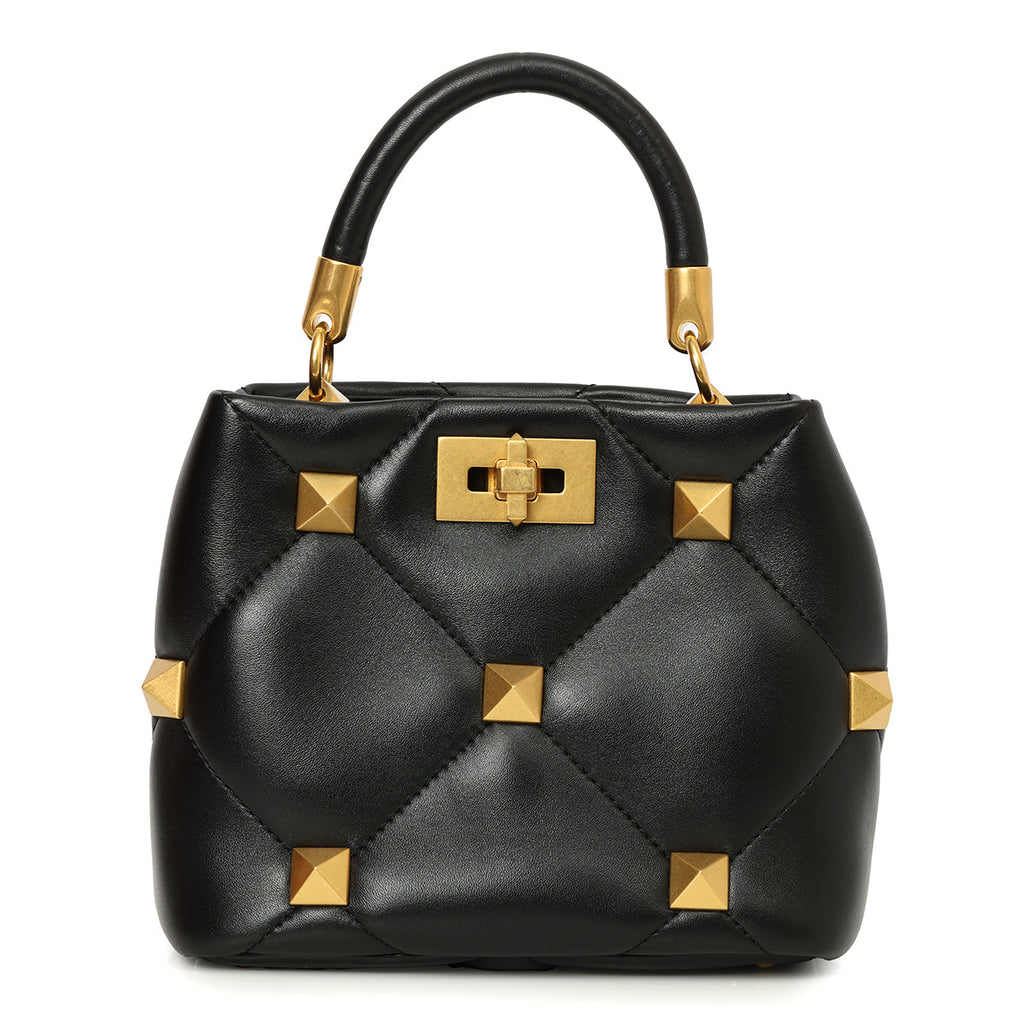 Valentino Small Roman Stud Top Handle Bag In Nappa Black