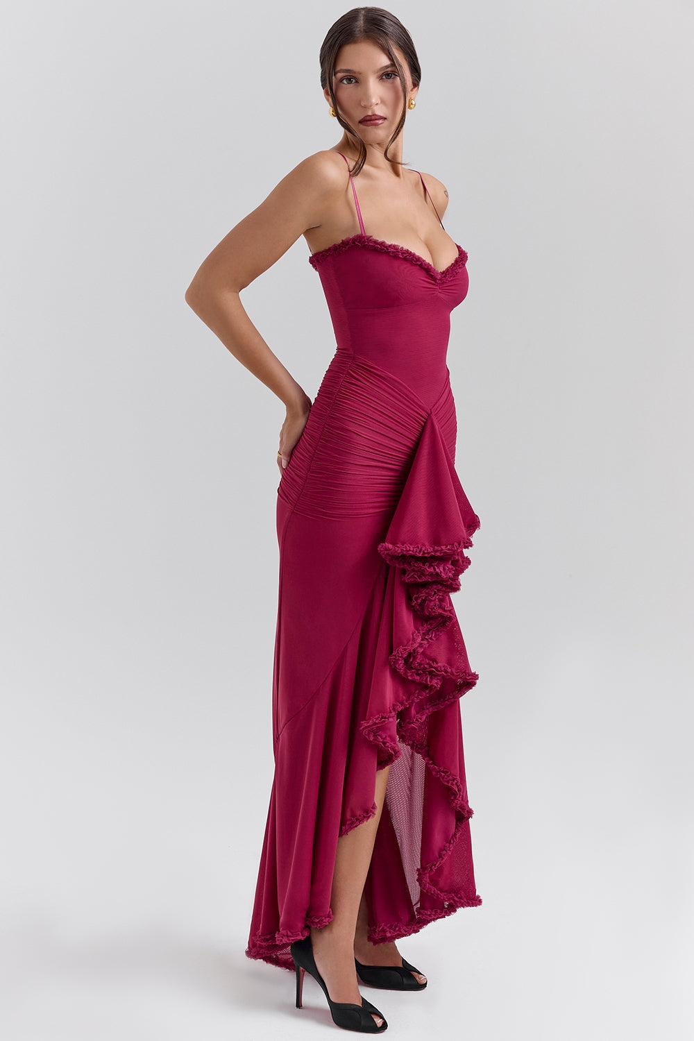 Gabbi wine ruffled front gown Bridesmaid Collection