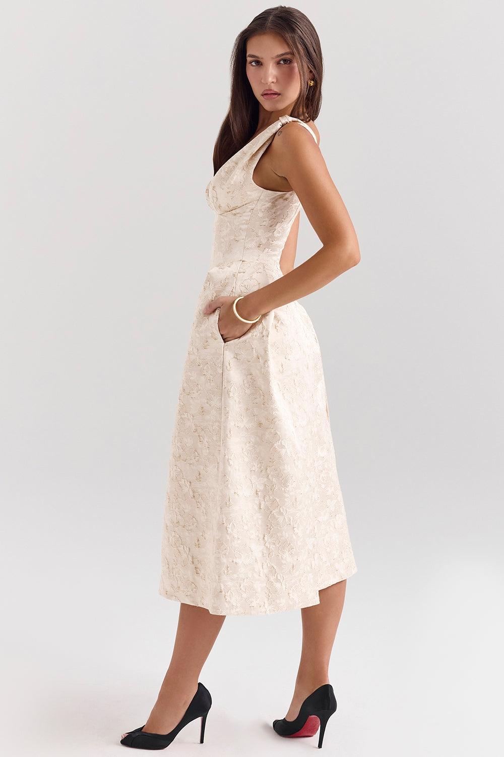 Paloma ivory metallic jacquard midi dress