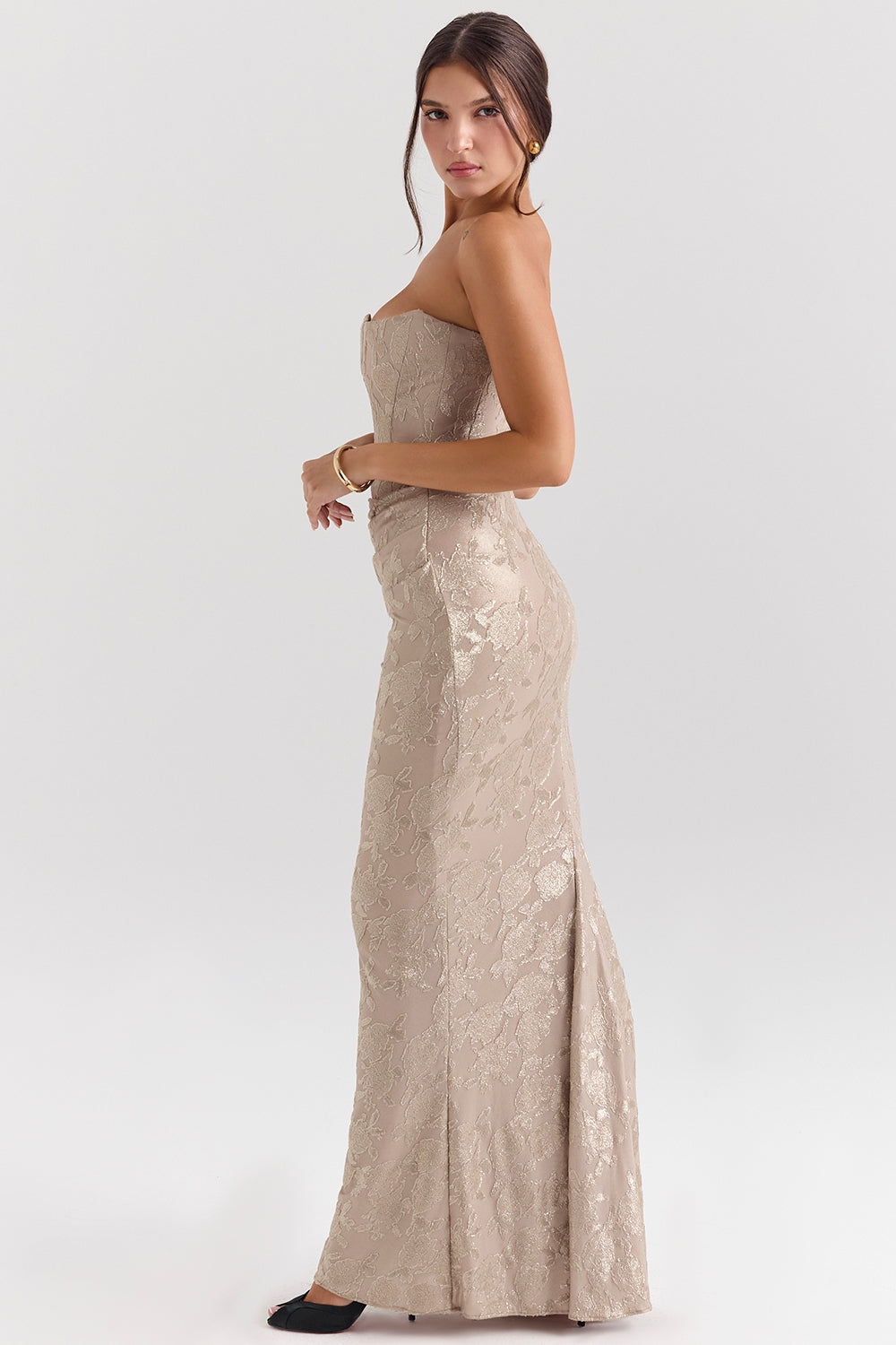 Persephone pale gold chiffon mesh strapless corset maxi dress Bridesmaid Collection