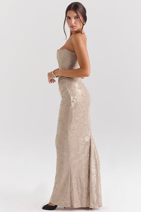 Persephone pale gold chiffon mesh strapless corset maxi dress Bridesmaid Collection