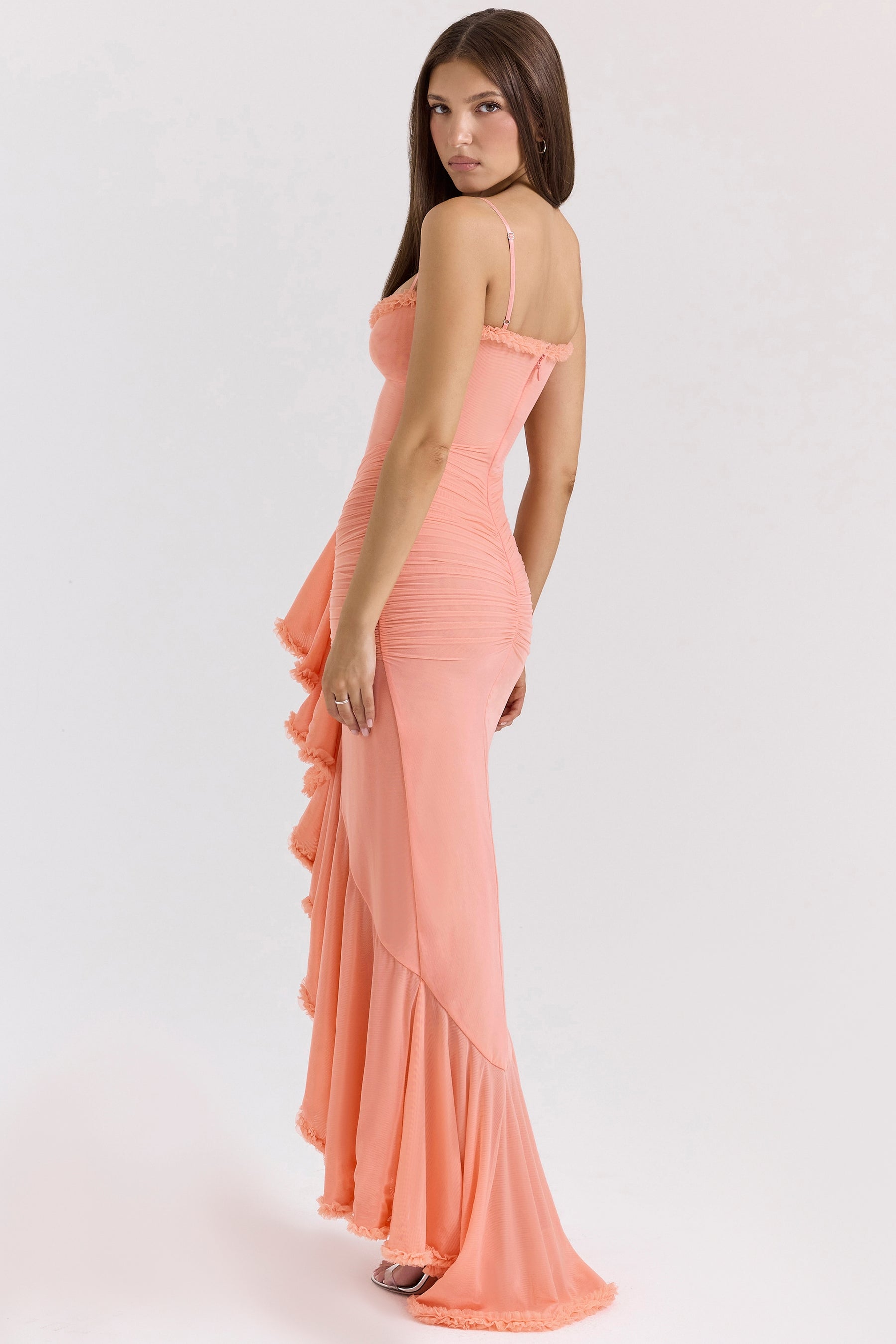 Gabbi peach mesh ruffled front gown