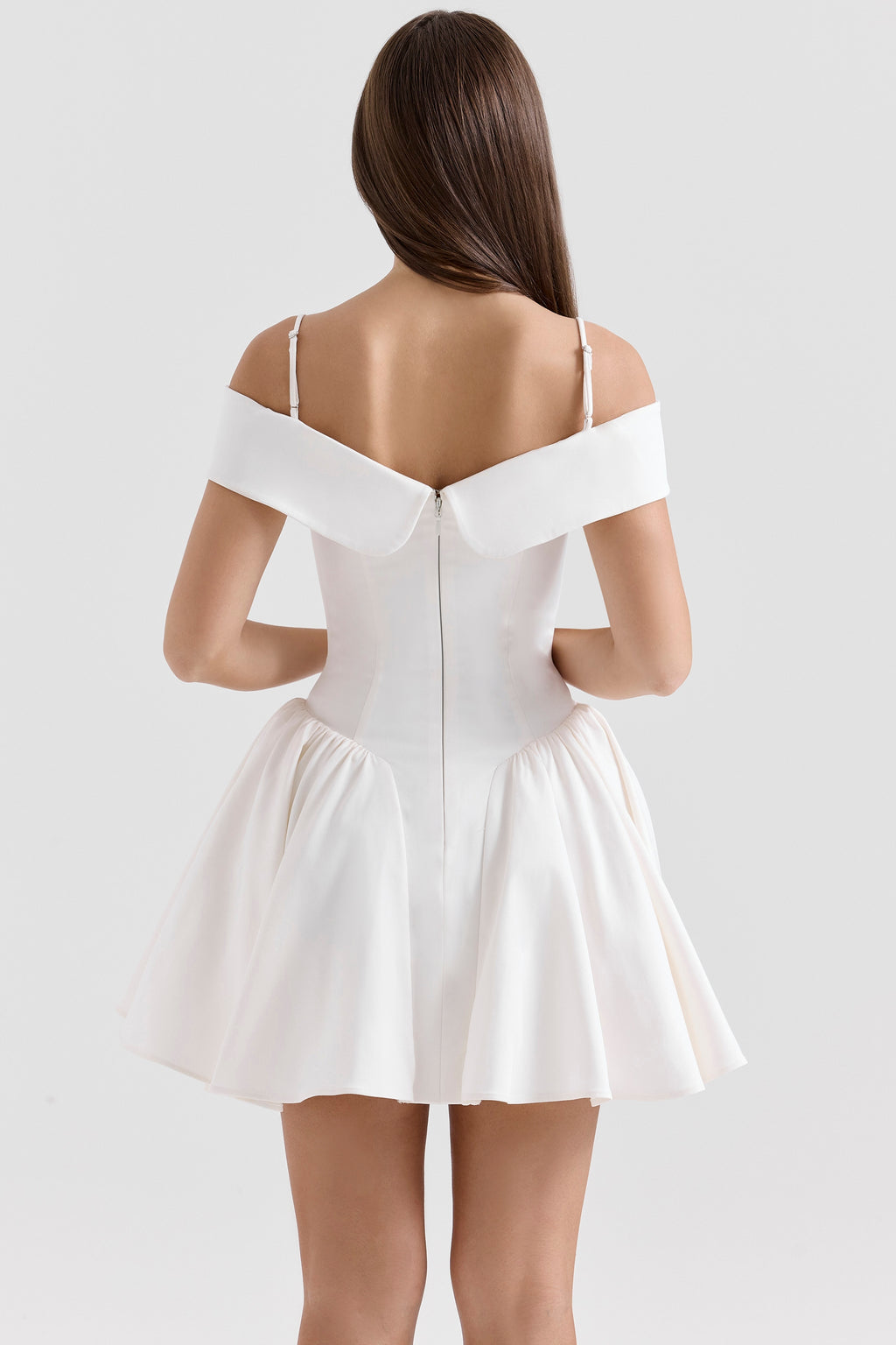 Elida white twill off shoulder mini dress