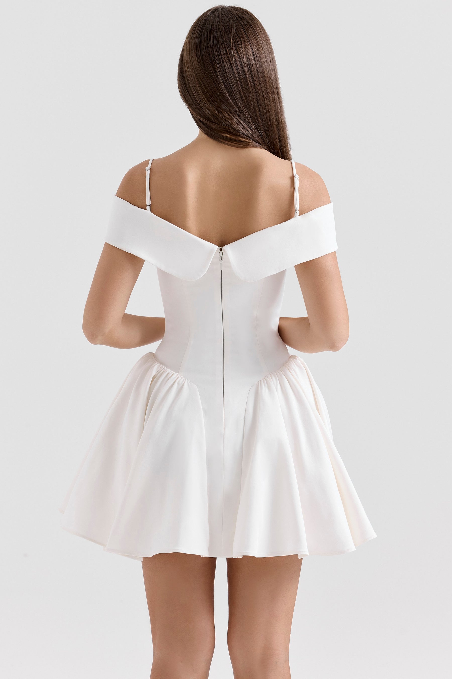 Elida white twill off shoulder mini dress