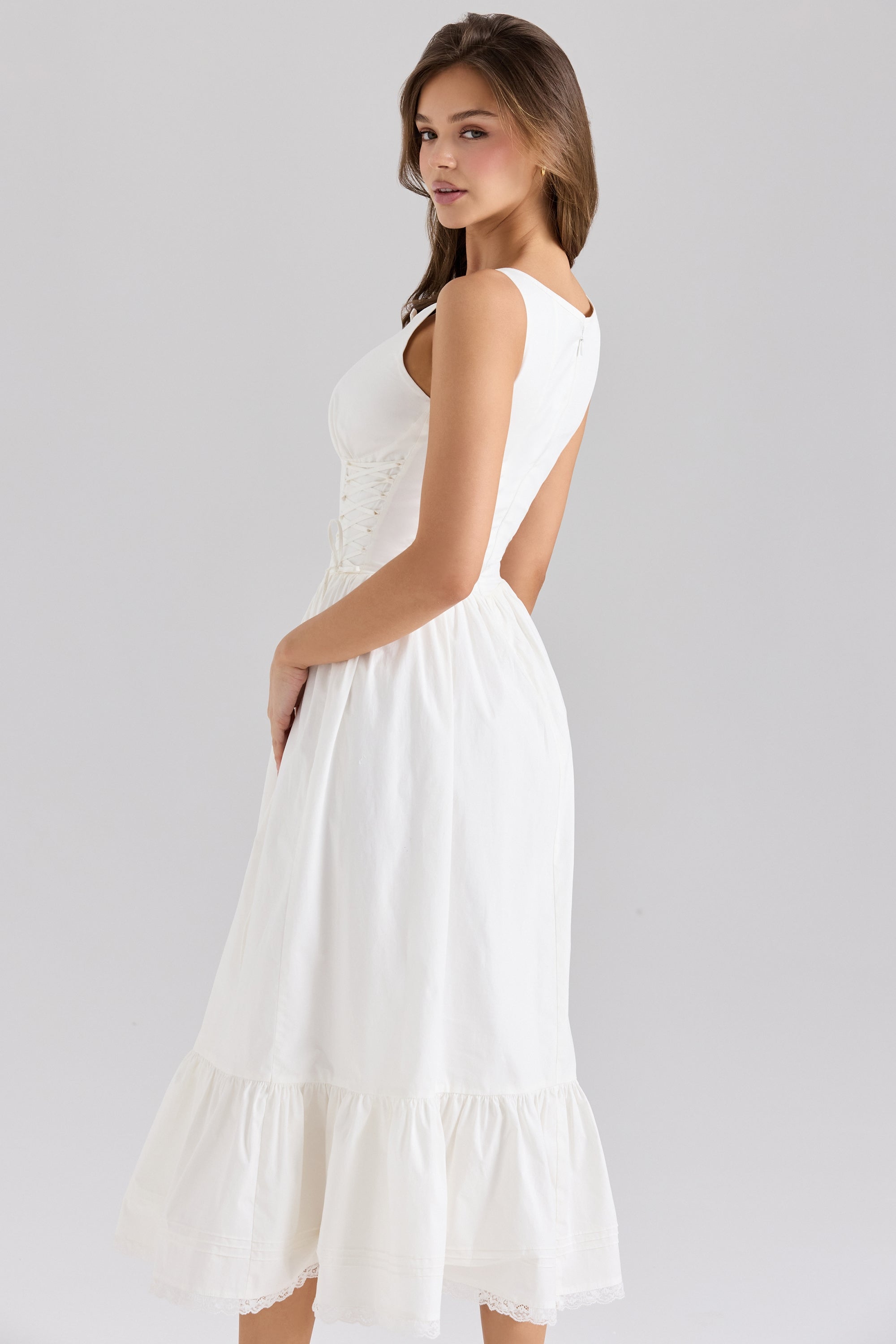 Sienna white stretch cotton lace up midi dress