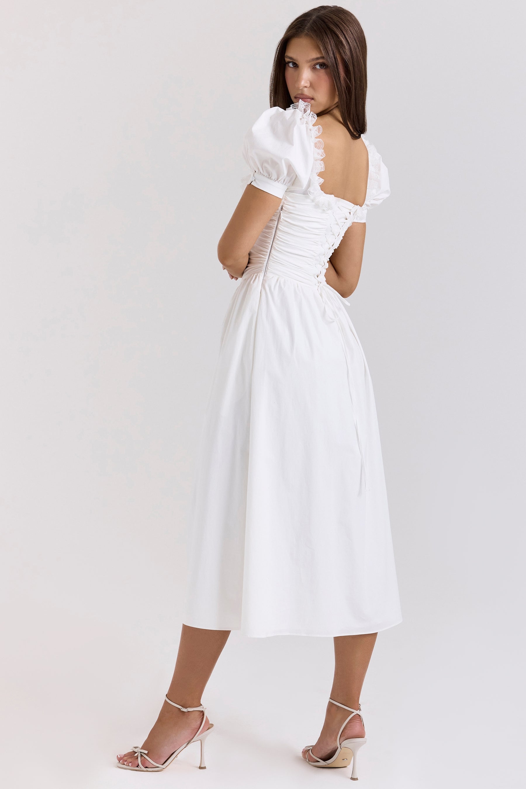 Lulabell white stretch cotton puff sleeve midi dress