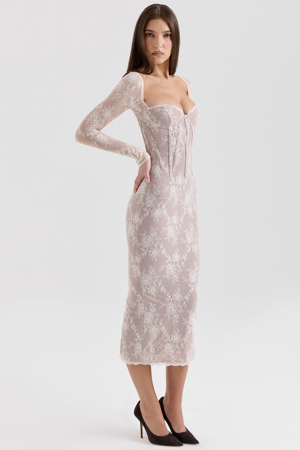 Saisha ivory lace long sleeve midi dress