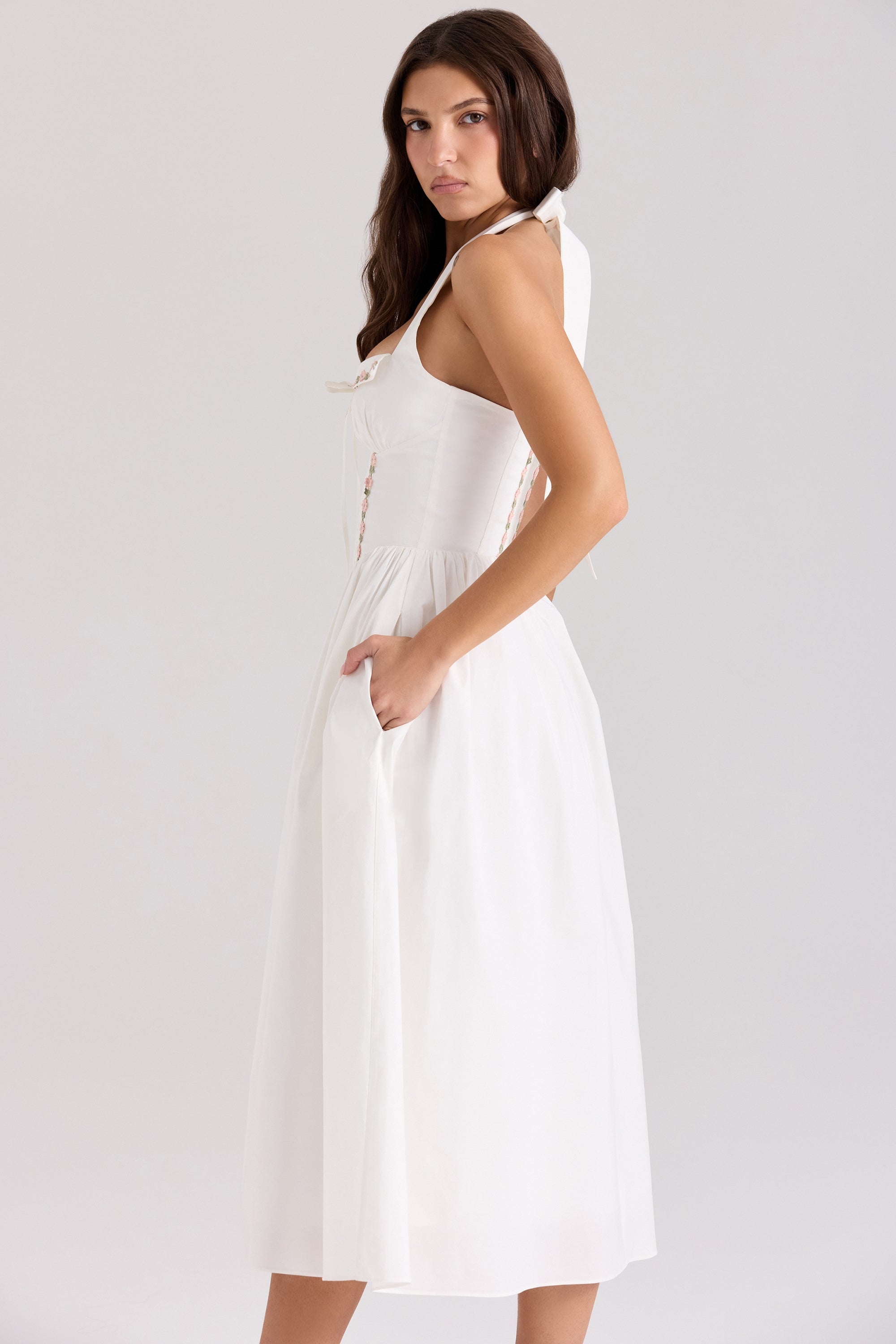 Emilia white cotton halter neck midi dress