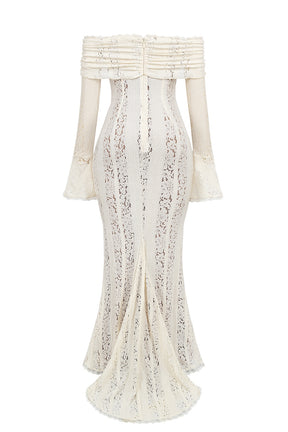 Belle vintage cream floral lace off shoulder maxi dress