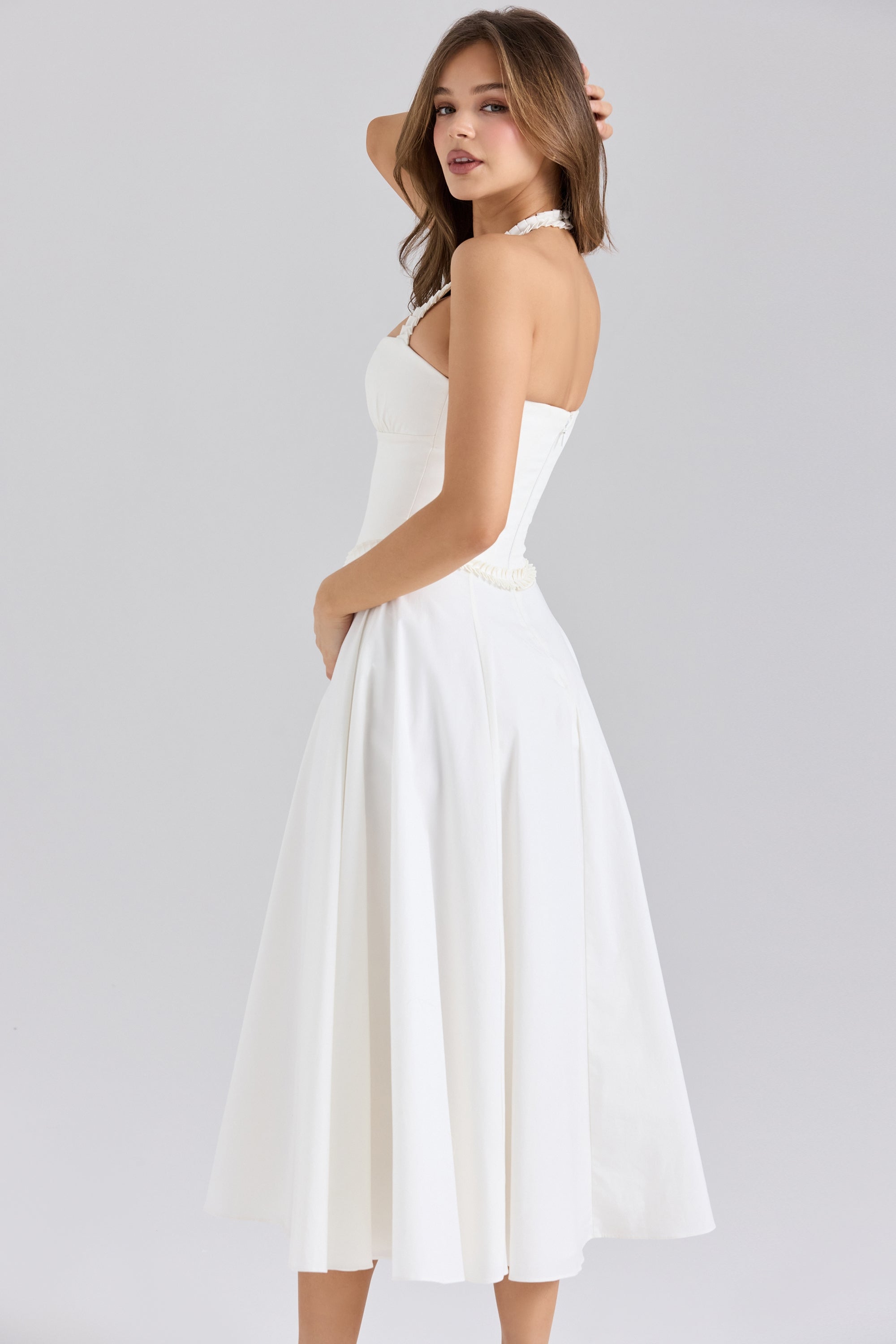 Georgie white stretch cotton halter neck midi dress