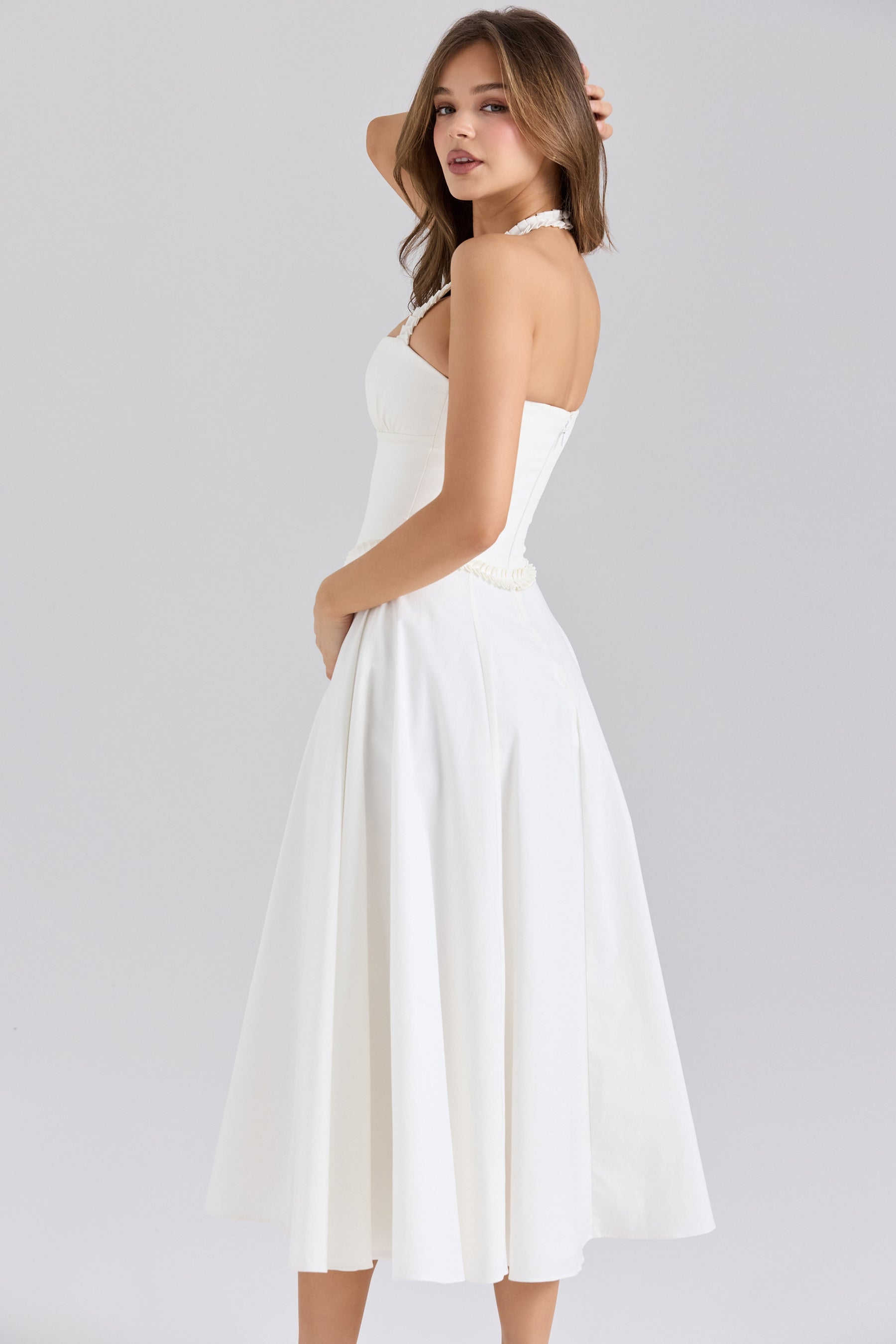 Georgie white stretch cotton halter neck midi dress