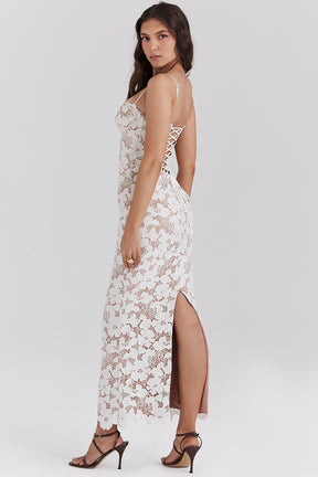 Pearl white floral embroidered maxi dress