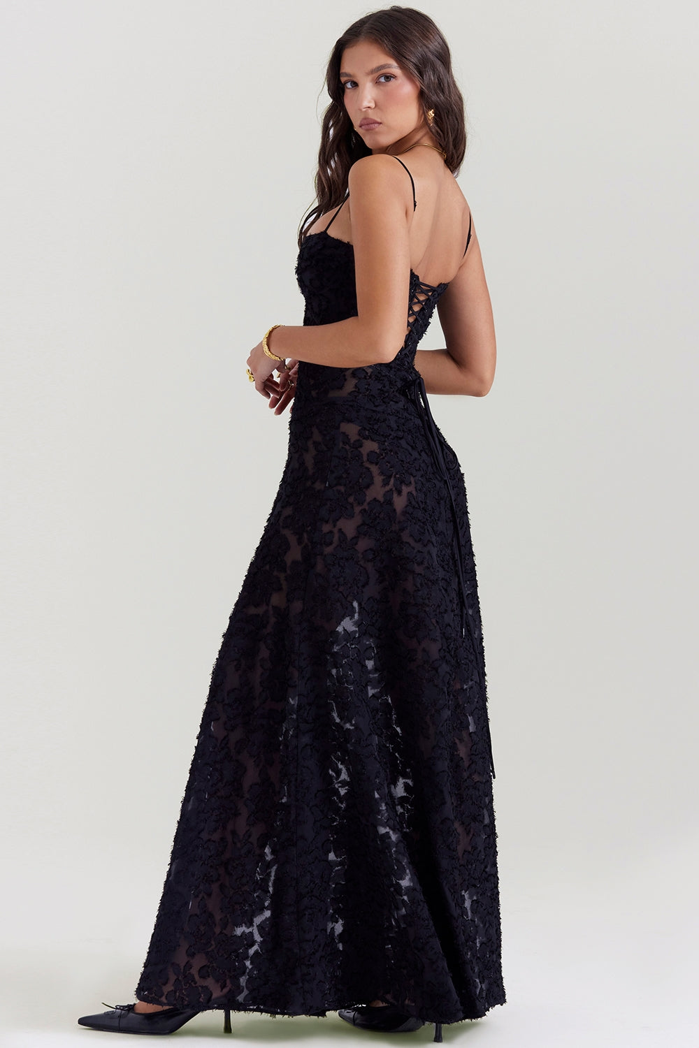 Seren black floral lace back maxi dress Bridesmaid Collection
