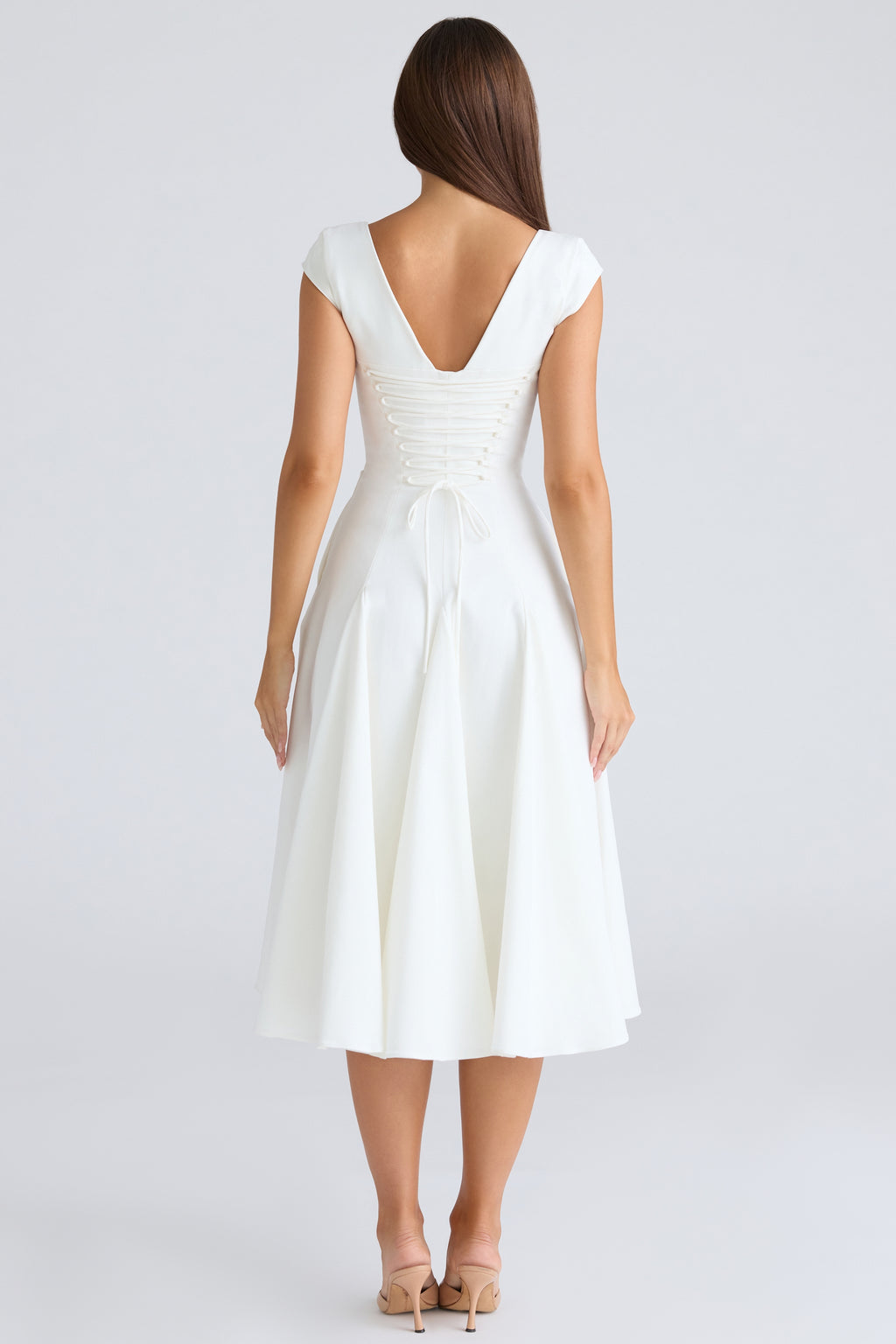 Raisa white square neck twill midi dress