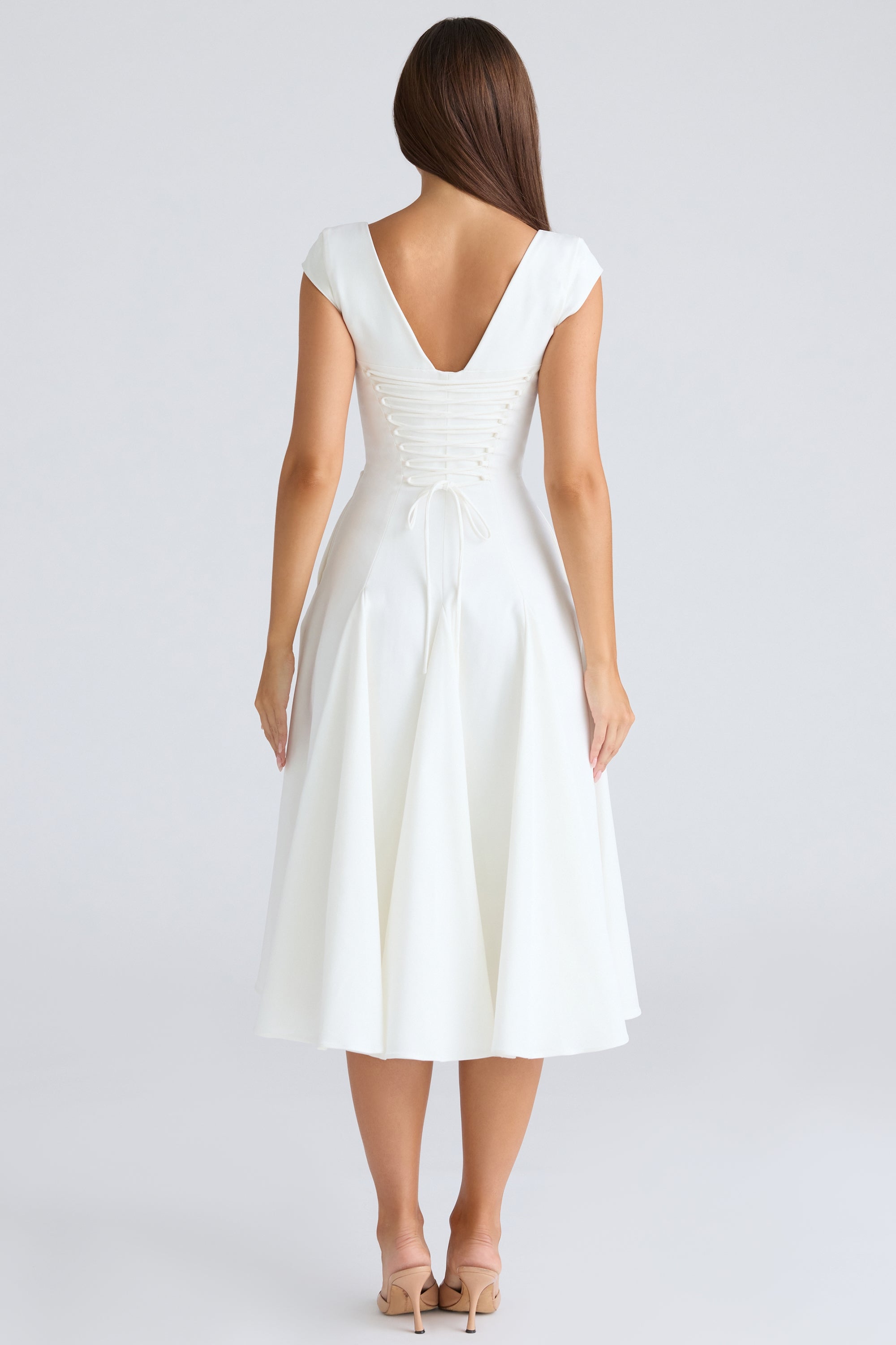 Raisa white square neck twill midi dress