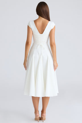 Raisa white square neck twill midi dress
