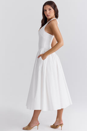 Marilyn white cotton halter midi sundress