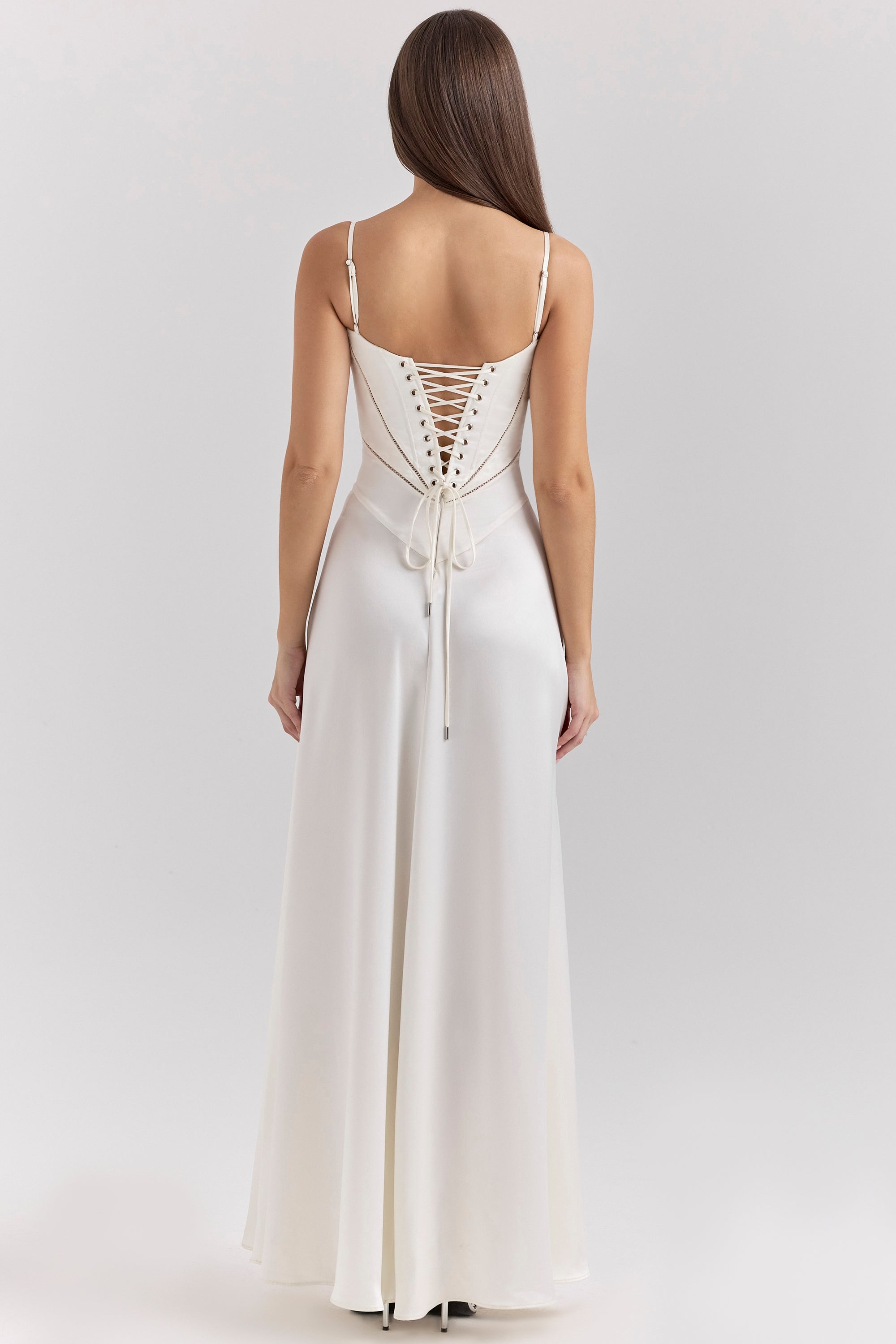 Anabella ivory satin lace up maxi dress
