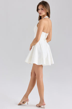 Sasha white stretch cotton halter neck mini dress