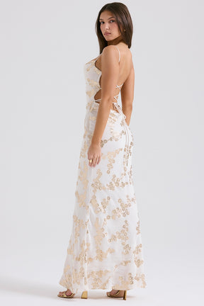 Capriana white & gold jacquard satin gown